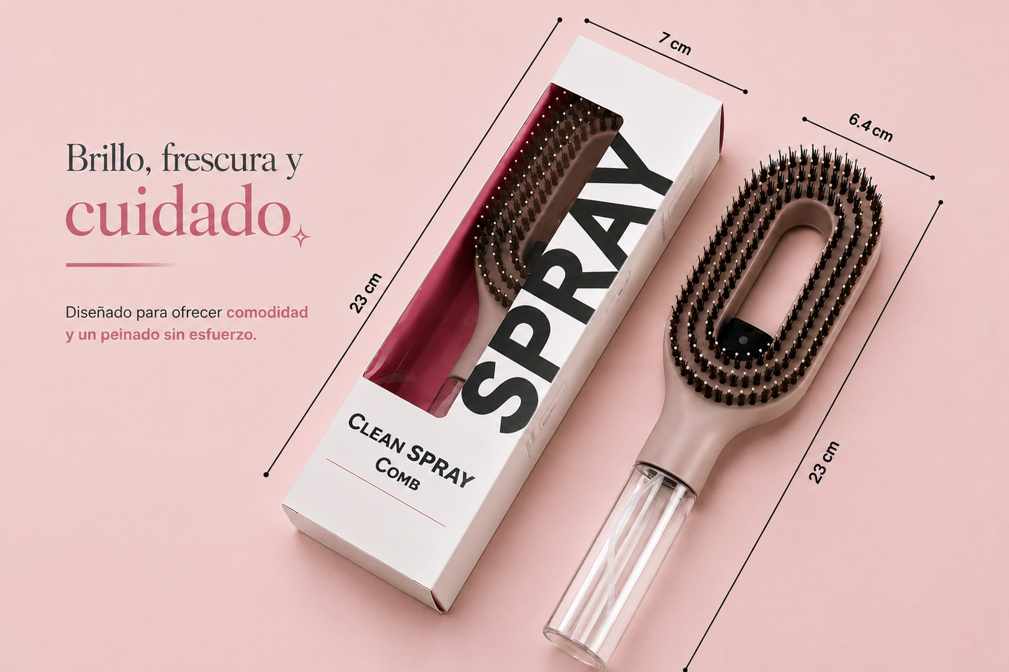 Cepillo 2 en 1 con spray integrado que desenreda, hidrata y masajea tu cabello fácilmente.